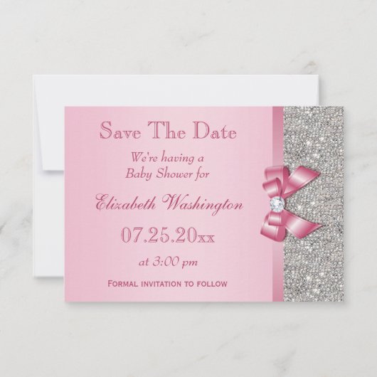 Fake Pink Bow Diamonds redden het Baby shower Date Save The Date (Achterkant)