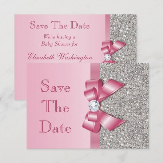 Fake Pink Bow Diamonds redden het Baby shower Date Save The Date (Voorkant / Achterkant)
