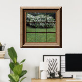 Fake Window Scene Peaceful Lawn Floral Struiken Poster (Thuiskantoor)