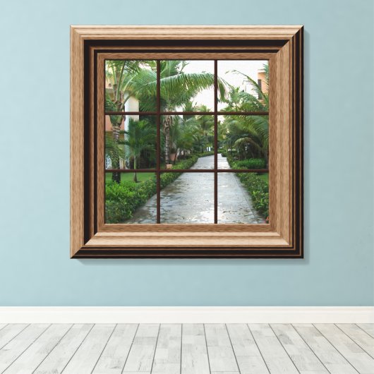 Fake Window Uitzicht Tropical Walkway Peaceful Sce Canvas Afdruk (Insitu (Houten vloer))