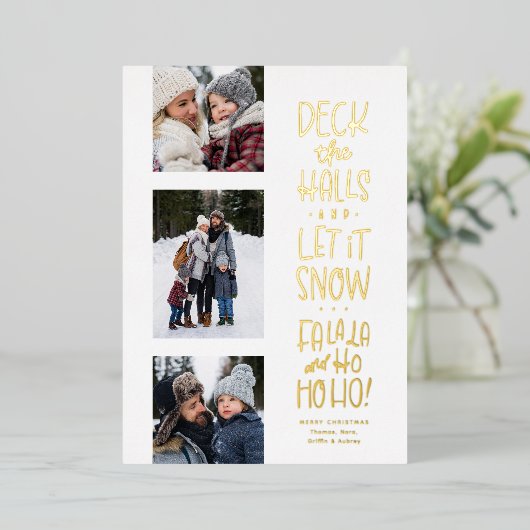 Falala Hohoho schattig leuk drie foto kerst Folie Feestdagenkaart (Staand Voorkant)