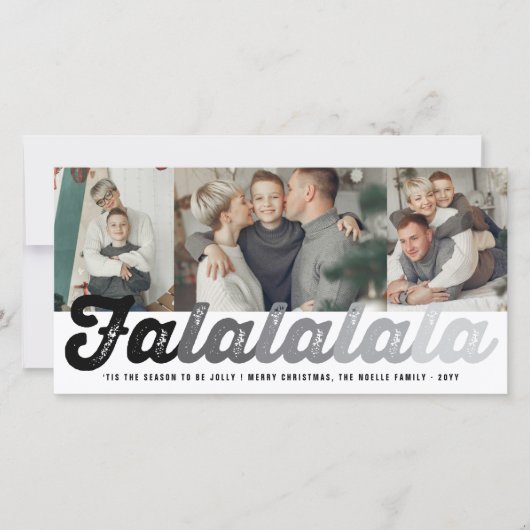 Falalala Gray Ombre Script Fun Kerstmis 3 Foto Feestdagenkaart (Voorkant)