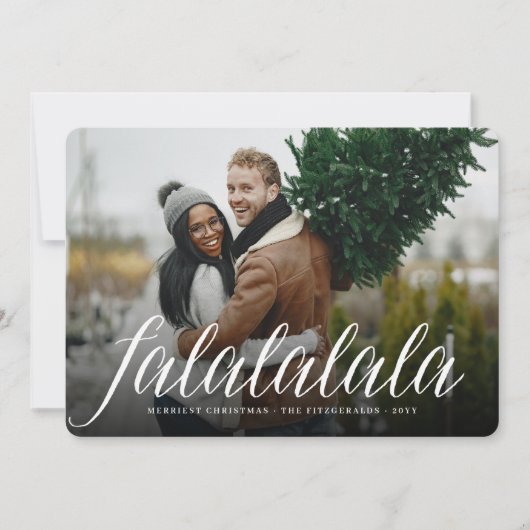 Falalala Simple White Script Fun Modern Photo Feestdagenkaart (Voorkant)