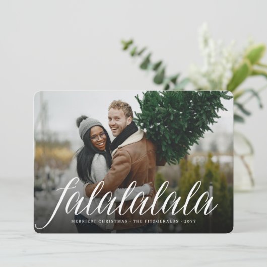 Falalala Simple White Script Fun Modern Photo Feestdagenkaart (Staand voorkant)