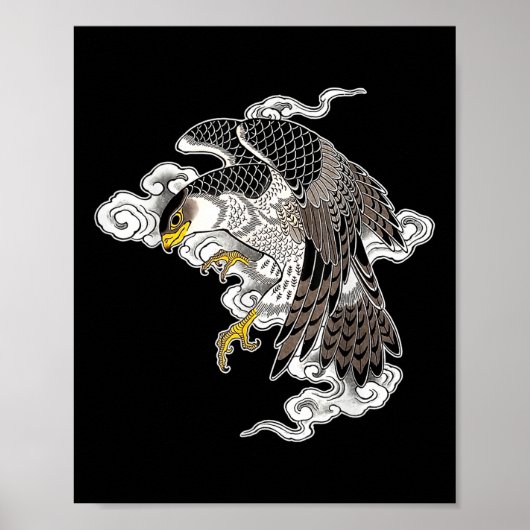 Falcon Hawk Flying X Japanese Clouds Tattoo Flash Poster (Voorkant)