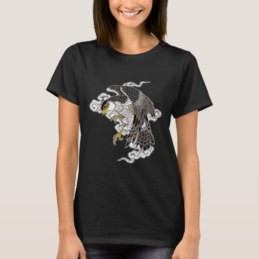 Falcon Hawk Flying X Japanese Clouds Tattoo Flash T-shirt (Voorkant)