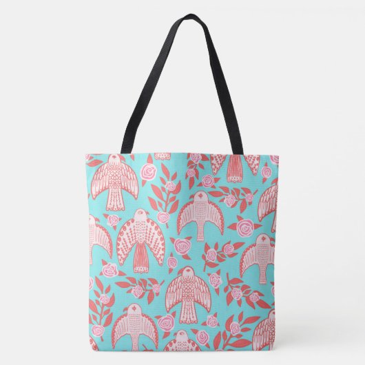 Falcons & Rozen Elegant geïllustreerd Blauw Roze Tote Bag (Voorkant)