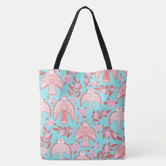 Falcons & Rozen Elegant geïllustreerd Blauw Roze Tote Bag (Achterkant)