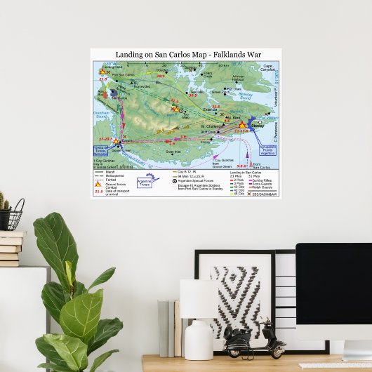 Falklandoorlog landend in San Carlos Map Poster (Thuiskantoor)