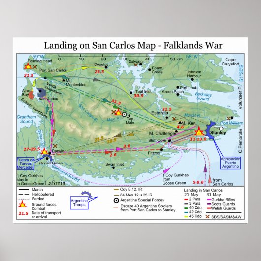 Falklandoorlog landend in San Carlos Map Poster (Voorkant)