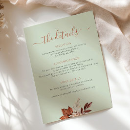 Fall autumn boho leaves wedding details sage green informatiekaartje