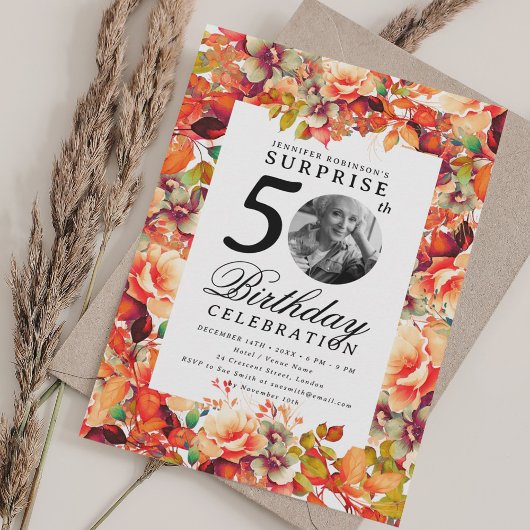 Fall Autumn Floral Photo SURPRISE 50th Birthday  Kaart