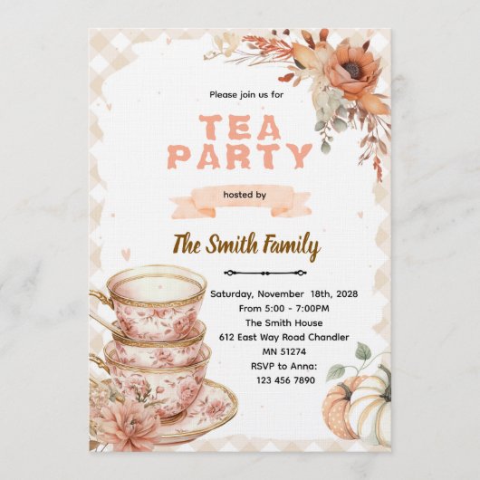 Fall autumn thanksgiving tea party invitation kaart (Voorkant)
