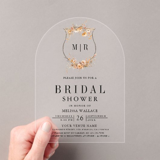 Fall Autumn Wildflower Crest Bridal Shower Acryl Uitnodigingen (Insitu (Draagbaar))
