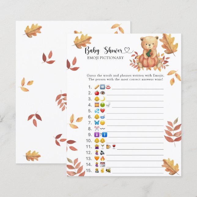 Fall Bear - baby shower emoji pictionary (Voorkant / Achterkant)