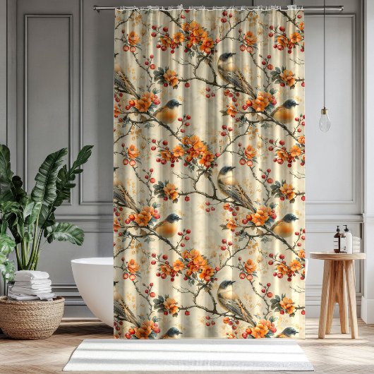 Fall Birds Blooms Curtain Gift for Their Bathroom Douchegordijn