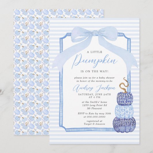 Fall Blue Chinoiserie Blue Pumpkin Baby Shower Inv Kaart (Voorkant / Achterkant)