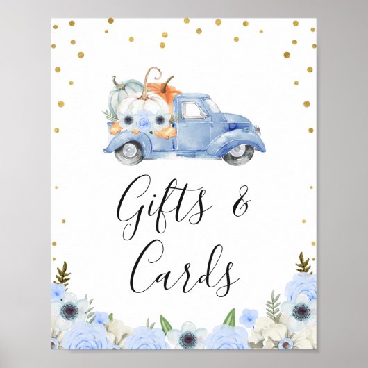 Fall Blue Floral Pumpkin Truck Baby Shower Sign Poster (Voorkant)