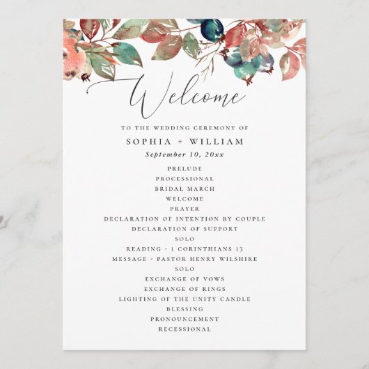 Fall Botanical Wedding | Watercolor Berry Leaves Programmakaart (Voorkant)