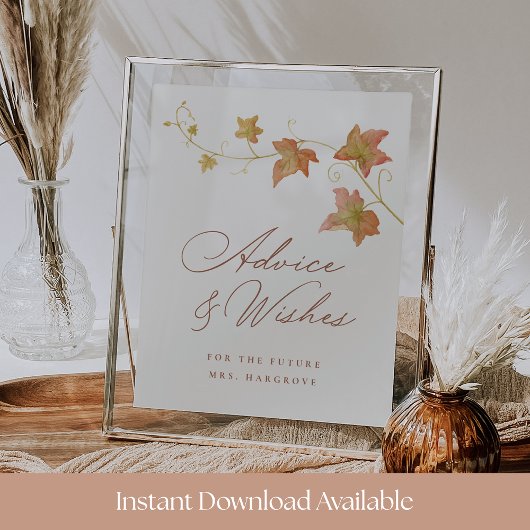 Fall Bridal Shower Advice & Wishes Printable Sign Poster