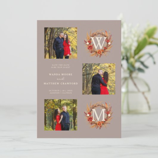Fall Brown Gold Exquisite Modern 3 Wedding Photos Save The Date (Staand voorkant)