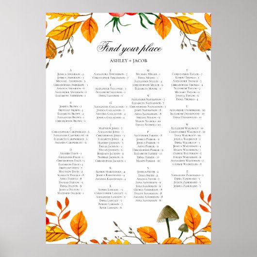 Fall bruiloft alfabet seating chart. Gele herfst Poster (Voorkant)