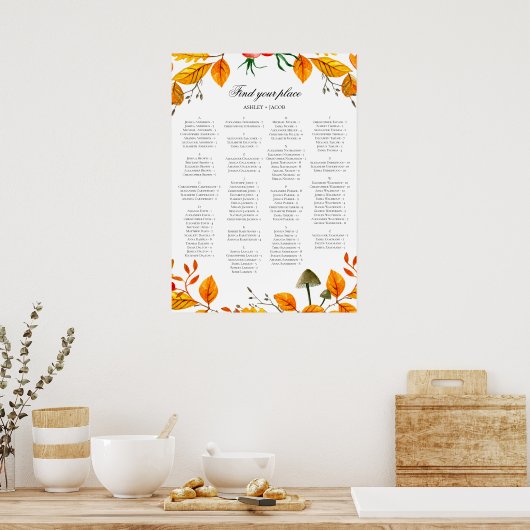 Fall bruiloft alfabet seating chart. Gele herfst Poster (Keuken)