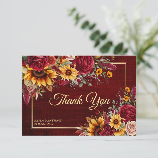 Fall bruiloft bogundy rozen gele zonnebloemen bedankkaart (Staand voorkant)