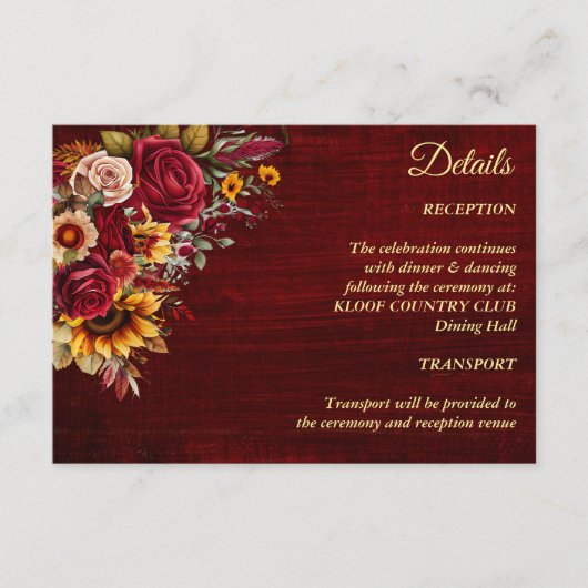 Fall bruiloft bogundy rozen gele zonnebloemen informatiekaartje (Voorkant)