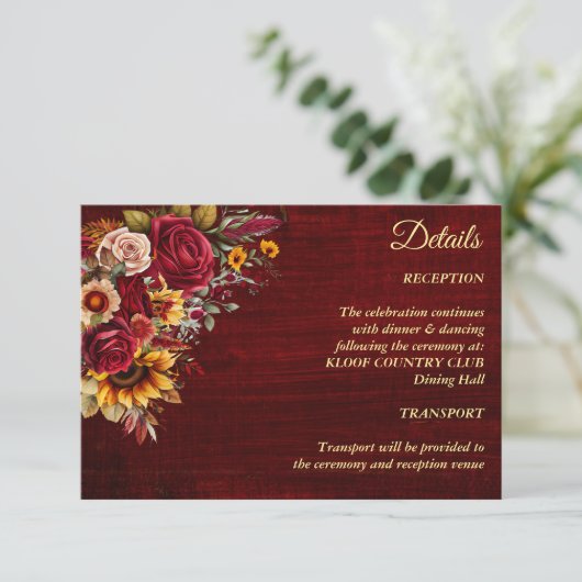 Fall bruiloft bogundy rozen gele zonnebloemen informatiekaartje (Staand voorkant)
