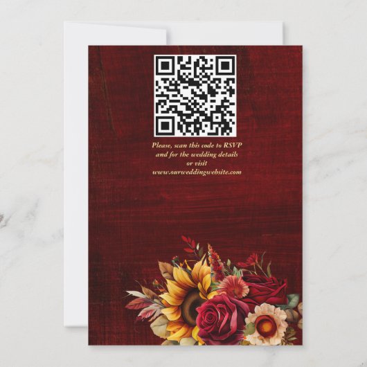 Fall bruiloft bogundy rozen gele zonnebloemen kaart (Achterkant)