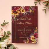 Fall bruiloft bogundy rozen gele zonnebloemen kaart