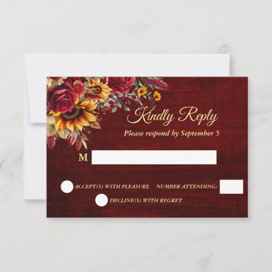 Fall bruiloft bogundy rozen gele zonnebloemen RSVP kaartje (Voorkant)