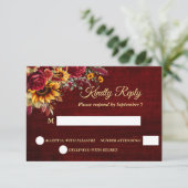 Fall bruiloft bogundy rozen gele zonnebloemen RSVP kaartje (Staand voorkant)