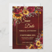 Fall bruiloft bogundy rozen gele zonnebloemen save the date (Voorkant)