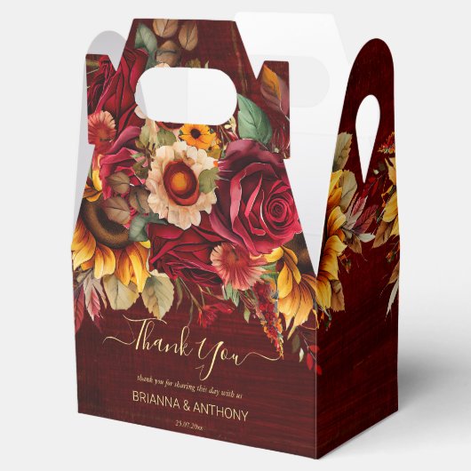Fall bruiloft bogundy rozen zonnebloemen bedankt bedankdoosjes (Geopend)