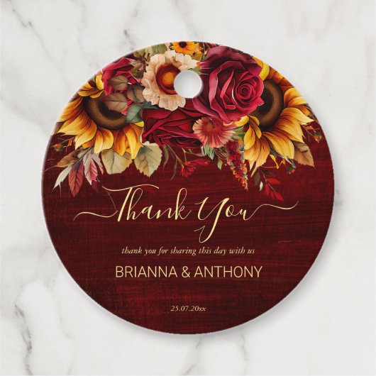 Fall bruiloft bogundy rozen zonnebloemen bedankt bedankjes labels (Voorkant)
