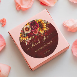 Fall bruiloft bogundy rozen zonnebloemen bedankt ronde sticker