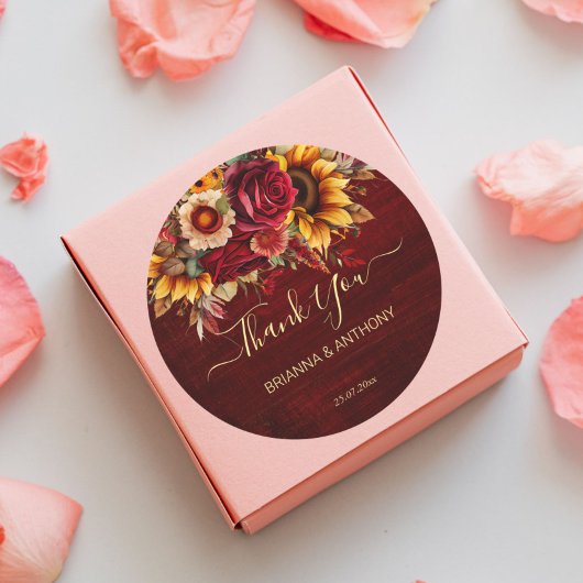 Fall bruiloft bogundy rozen zonnebloemen bedankt ronde sticker