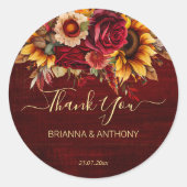 Fall bruiloft bogundy rozen zonnebloemen bedankt ronde sticker (Voorkant)