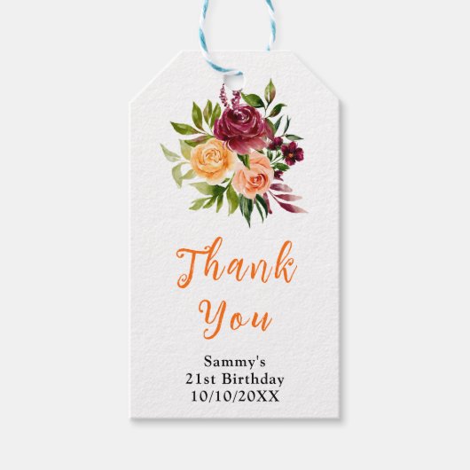 Fall Burgundy Orange Birthday Party Thank You Cadeaulabel (Voorkant)