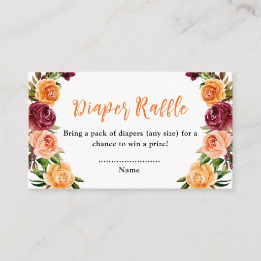 Fall Burgundy Orange Floral Baby Diaper Raffle Informatiekaartje (Voorkant)