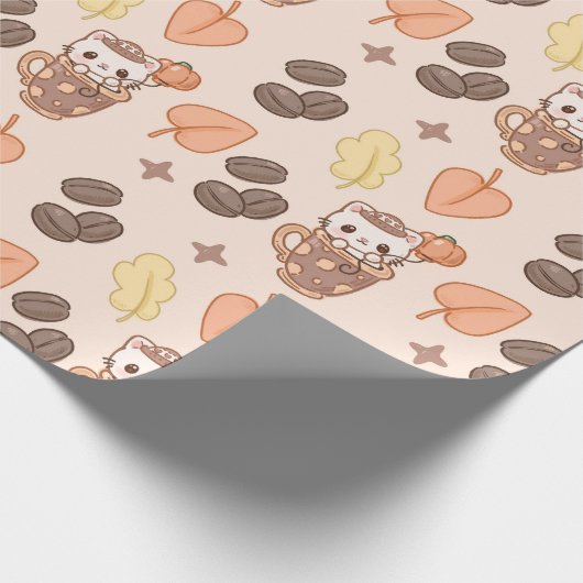 Fall Cat Mug Kawaii Coffee Bean Pattern Cadeaupapier (Hoek)