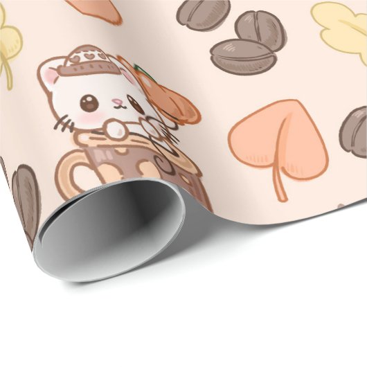 Fall Cat Mug Kawaii Coffee Bean Pattern Cadeaupapier (Rol Hoek)