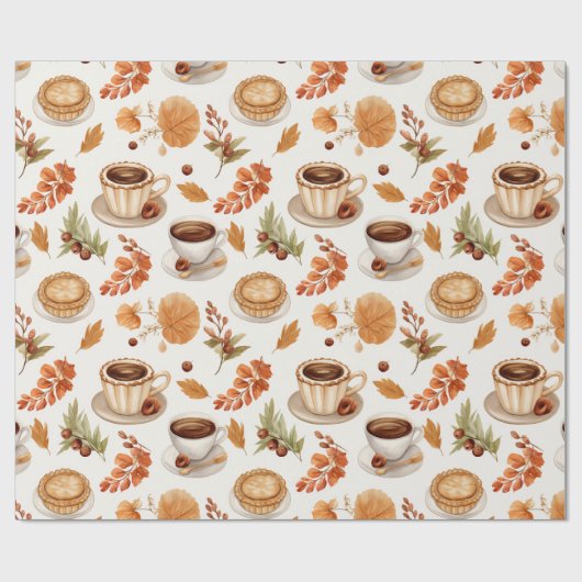 Fall Coffee and Pie Pattern with Leaves in Warm Cadeaupapier (Vlak)