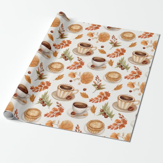 Fall Coffee and Pie Pattern with Leaves in Warm Cadeaupapier (Uitgerold)