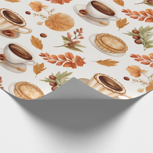 Fall Coffee and Pie Pattern with Leaves in Warm Cadeaupapier (Hoek)