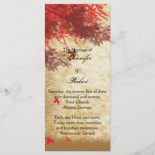 Fall Colors: Burgundy and Red Wedding Programme Programmakaart (Voorkant)