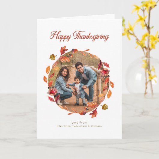 Fall Colors Happy Thanksgiving Leaf Wreatfoto Kaart (Gele Bloem)