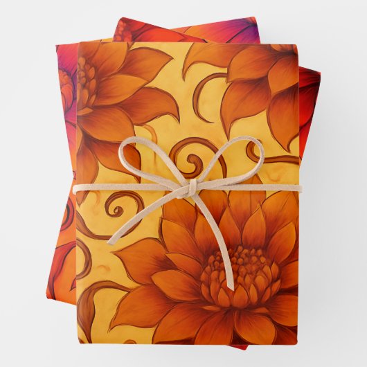 Fall Dahlia Sunrise & Sunset Wrapping Paper (In situ)